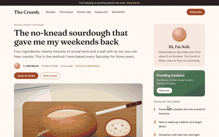 A baking blog is launched as $CRUMB: a trading panel slides in, words on the page light up as they are bought, the chart climbs, then the rug is pulled, every word and picture falls into a pile, a card shows minus 99.7 percent, and Esc puts the page back.