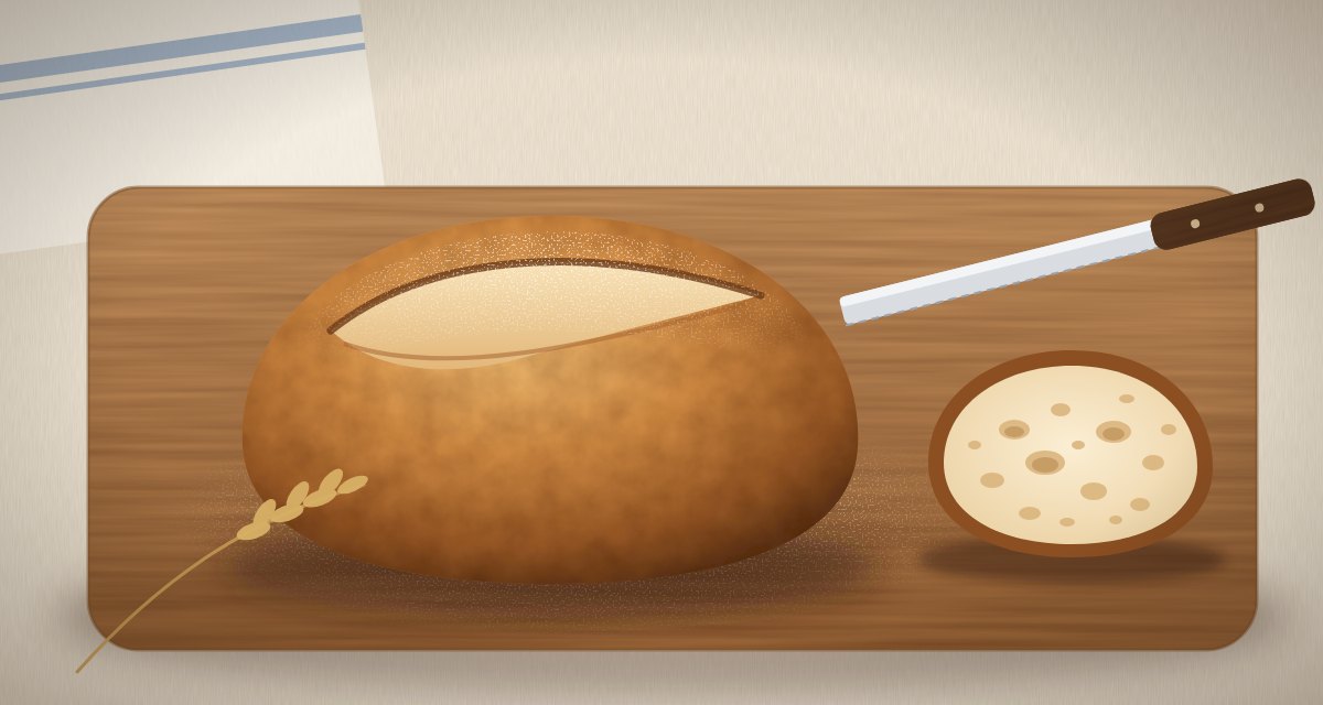 A round sourdough loaf with a wide open ear on a wooden board, next to a slice and a bread knife