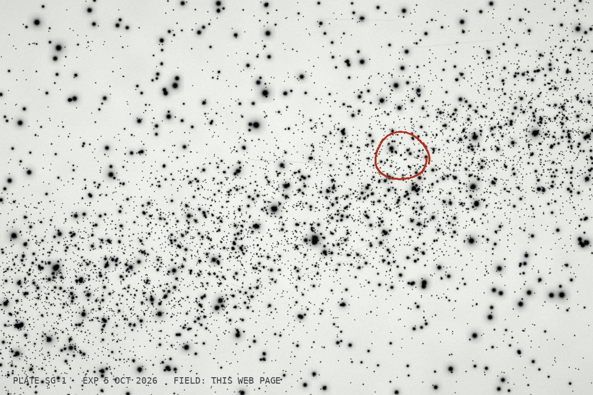 A photographic plate of a star field printed as a negative, with a red ink circle around one spot.